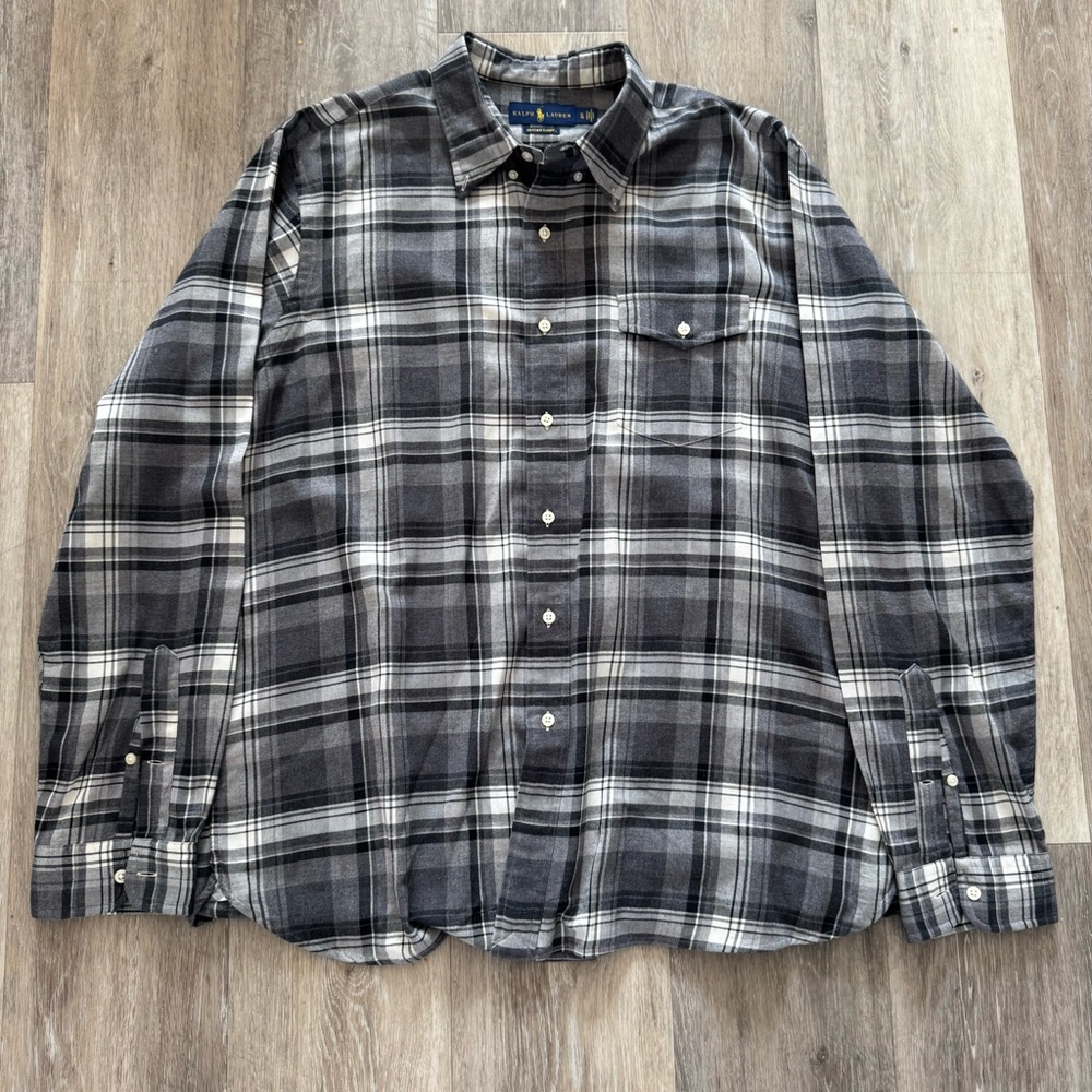 Ralph Lauren Heathered Gray Black and White Plaid Shirt
